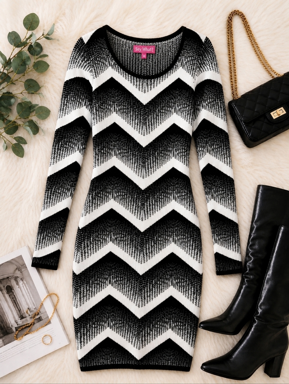 Say What Black White Chevron Bodycon Sweater Dress Size M Long Sleeve Mini
